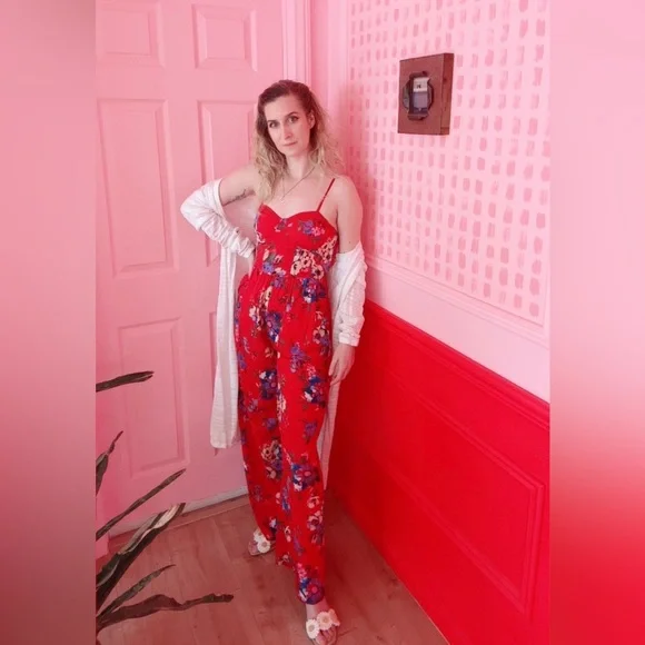 Red Floral Spaghetti Strap jumpsuit - Picture 1 of 5